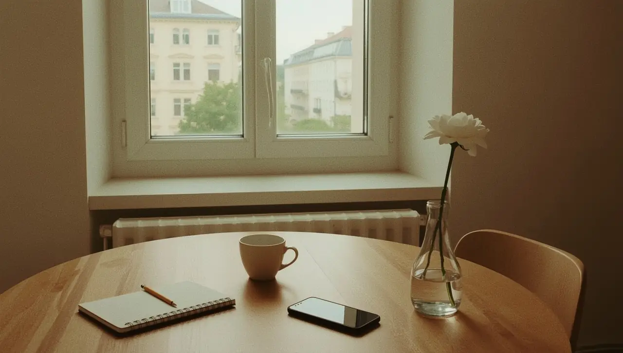 KI-Illustration eines Notizbuchs, Smartphones, einer Tasse und einer Vase auf einem Tisch